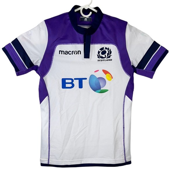 Macron Scotland BT Mobile Mens Jersey Top White Purple Crew Neck Stretch L New